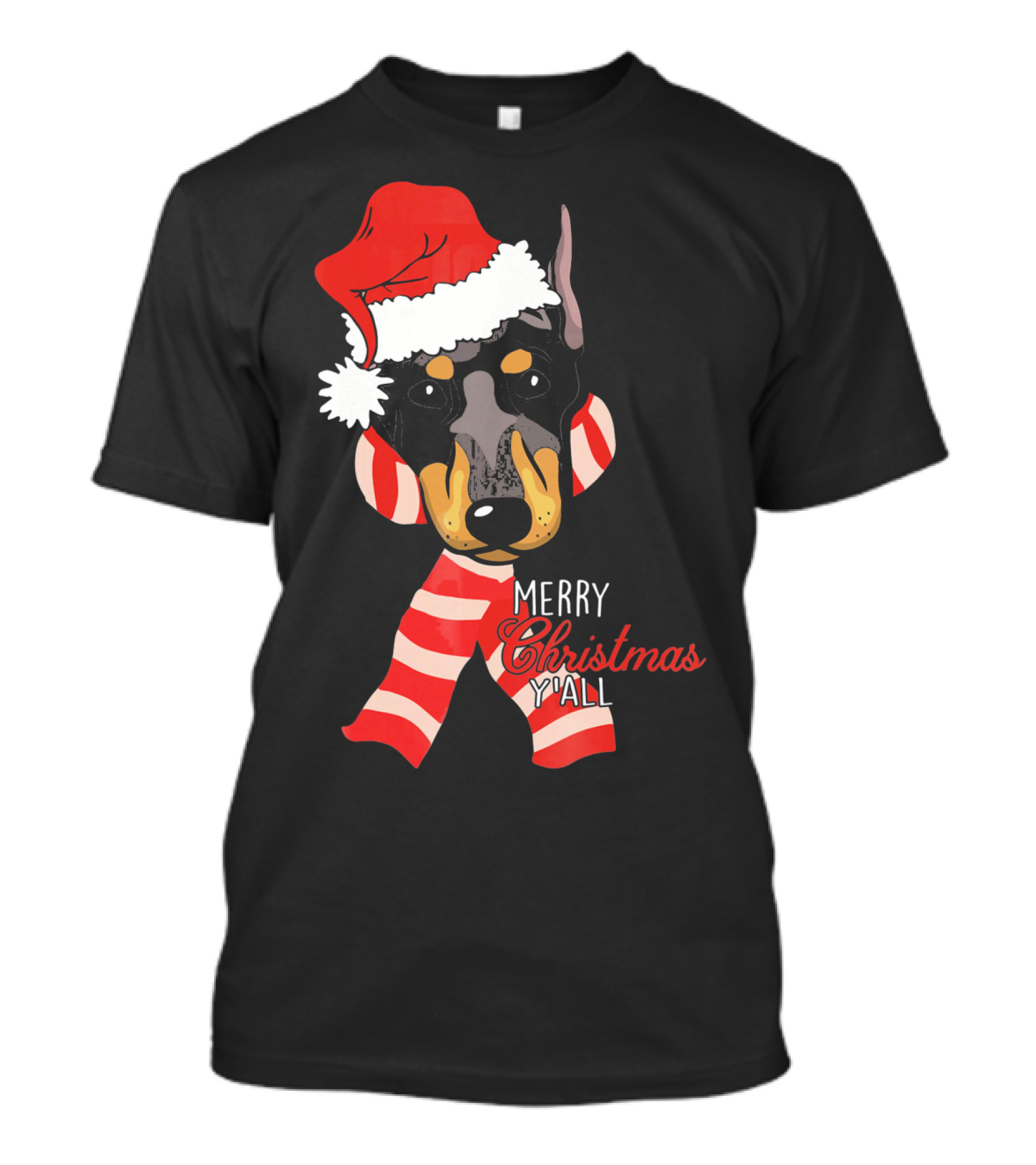 Merry Christmas Y'all Doberman Dog With Santa Hat And Candy Cane Stripes T-Shirt
