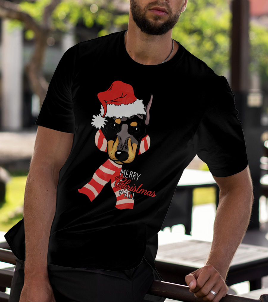 Merry Christmas Y'all Doberman Dog With Santa Hat And Candy Cane Stripes T-Shirt