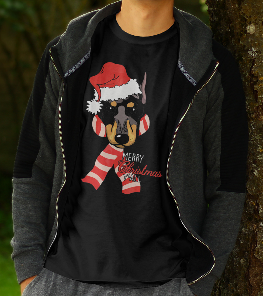 Merry Christmas Y'all Doberman Dog With Santa Hat And Candy Cane Stripes T-Shirt