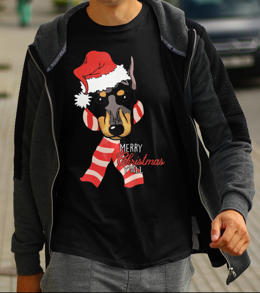 Merry Christmas Y'all Doberman Dog With Santa Hat And Candy Cane Stripes T-Shirt
