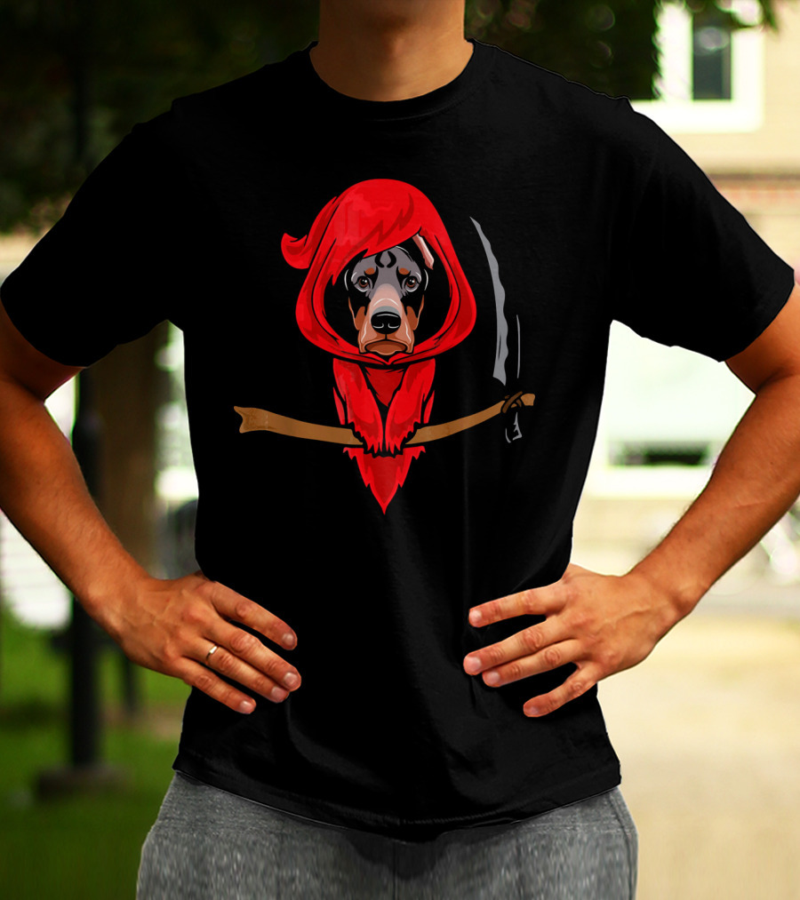 Doberman Grim Reaper Red Hood Scythe T-Shirt