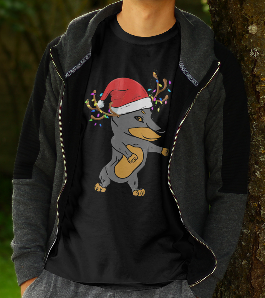 Christmas Doberman Santa Hat Reindeer Antlers Lights Dog Lovers T-Shirt