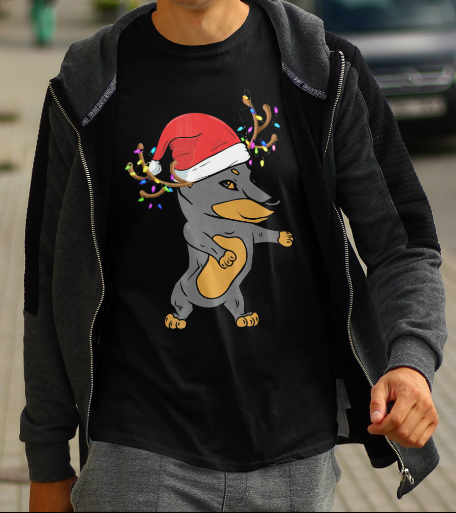 Christmas Doberman Santa Hat Reindeer Antlers Lights Dog Lovers T-Shirt