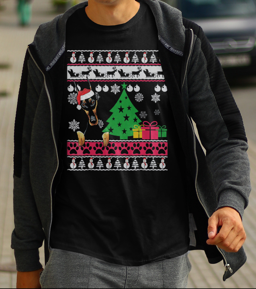 Doberman Christmas Sweater With Santa Hat And Festive Decorations T-Shirt