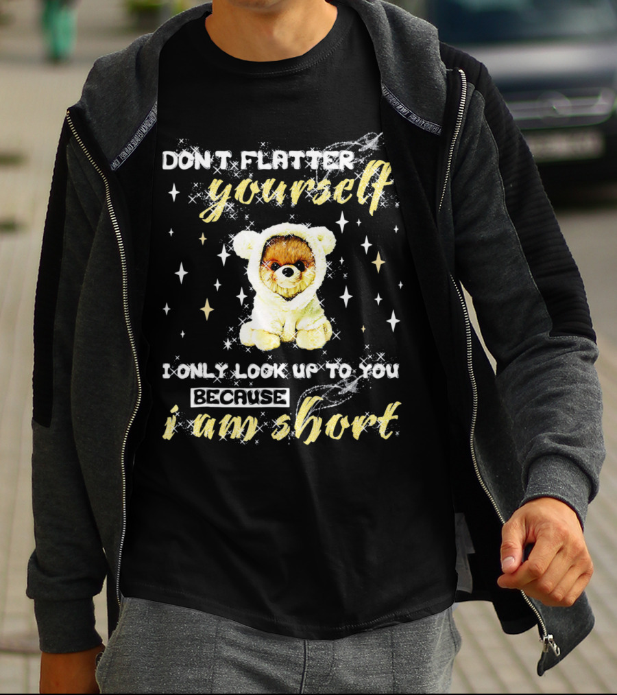 Don't Flatter Yourself I Only Look Up To You Because I Am Short Funny Pomeranian Dog T-Shirt