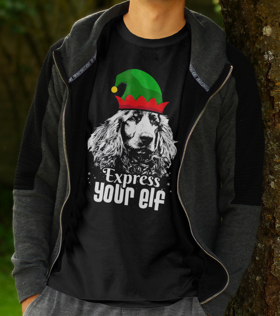 Express Your Elf English Cocker Spaniel Christmas Dog Wearing Green And Red Elf Hat T-Shirt
