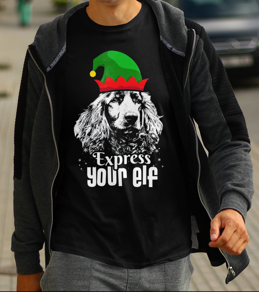 Express Your Elf English Cocker Spaniel Christmas Dog Wearing Green And Red Elf Hat T-Shirt