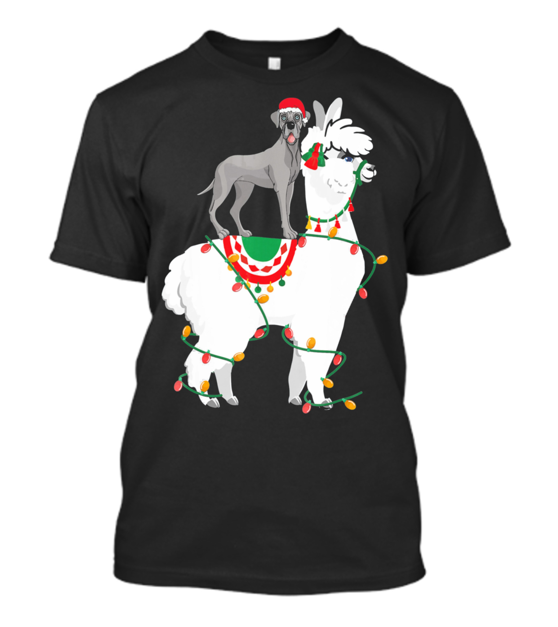 Fa La LLAMA Great Dane With Santa Hat On Llama Christmas Lights T-Shirt