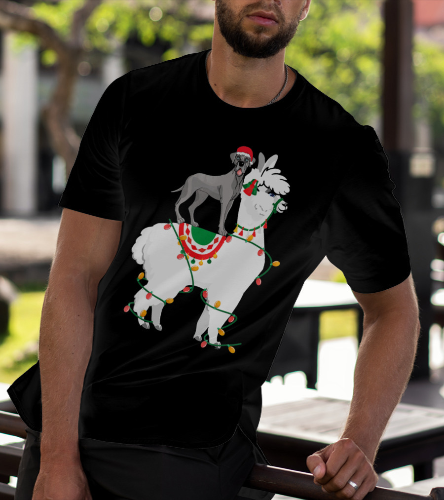 Fa La LLAMA Great Dane With Santa Hat On Llama Christmas Lights T-Shirt