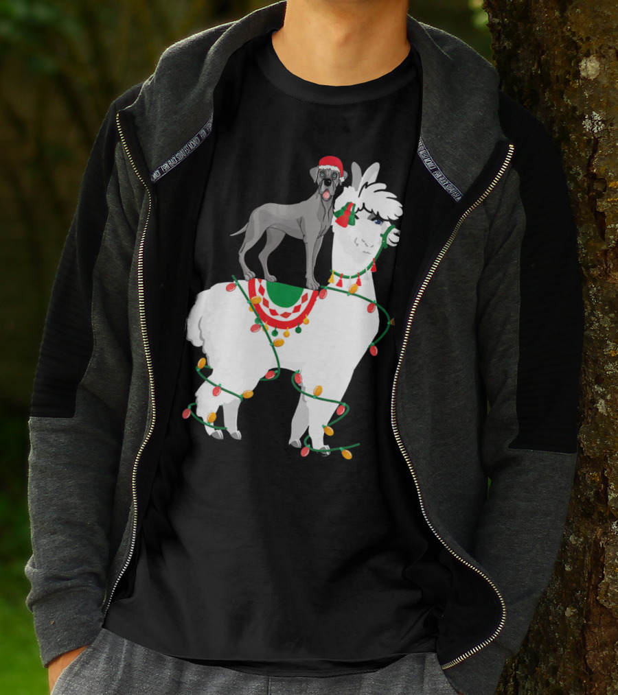 Fa La LLAMA Great Dane With Santa Hat On Llama Christmas Lights T-Shirt