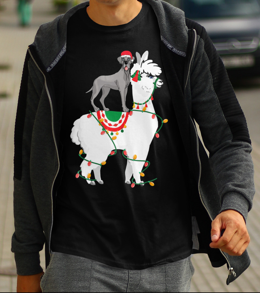 Fa La LLAMA Great Dane With Santa Hat On Llama Christmas Lights T-Shirt