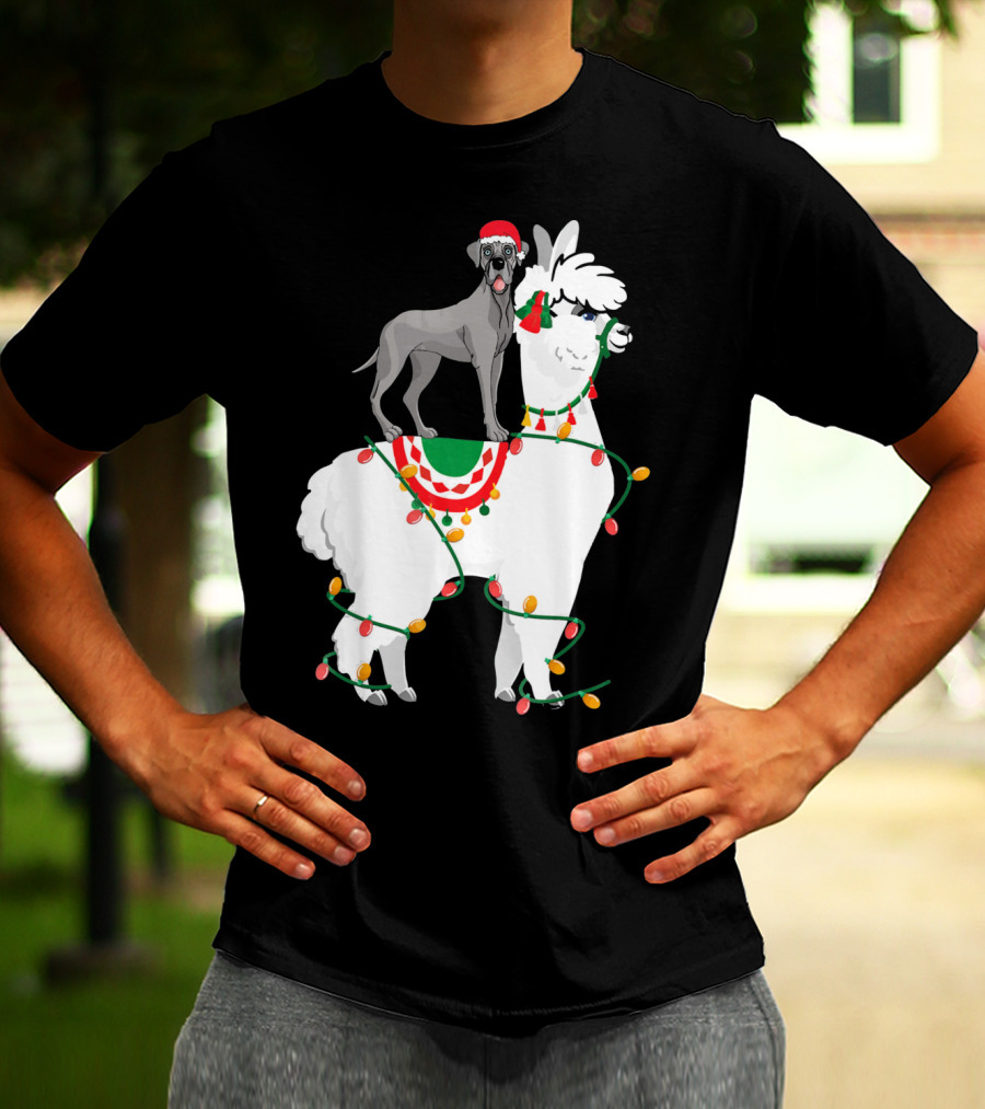Fa La LLAMA Great Dane With Santa Hat On Llama Christmas Lights T-Shirt