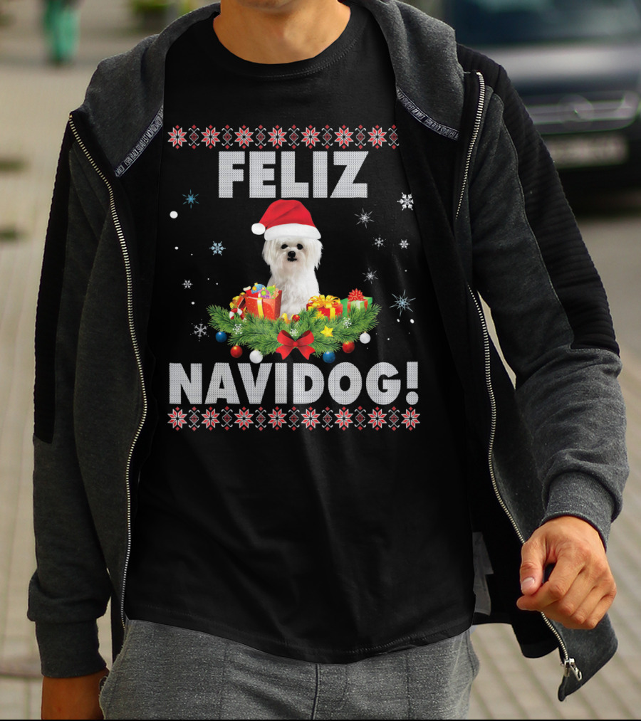 Feliz Navidog Maltese Dog Christmas Santa Hat Holiday Festive T-Shirt