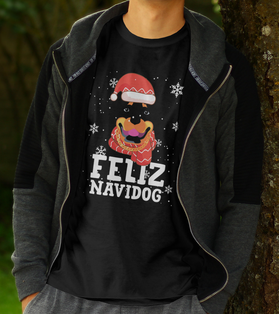 Feliz Navidog Rottweiler Christmas Santa Hat Snowflakes Ugly Sweaters T-Shirt