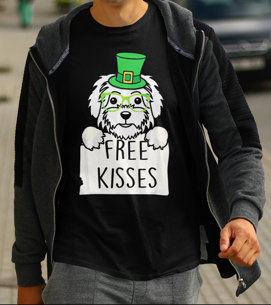 Free Kisses Maltese Dog With Green Leprechaun Hat St Patricks T-Shirt