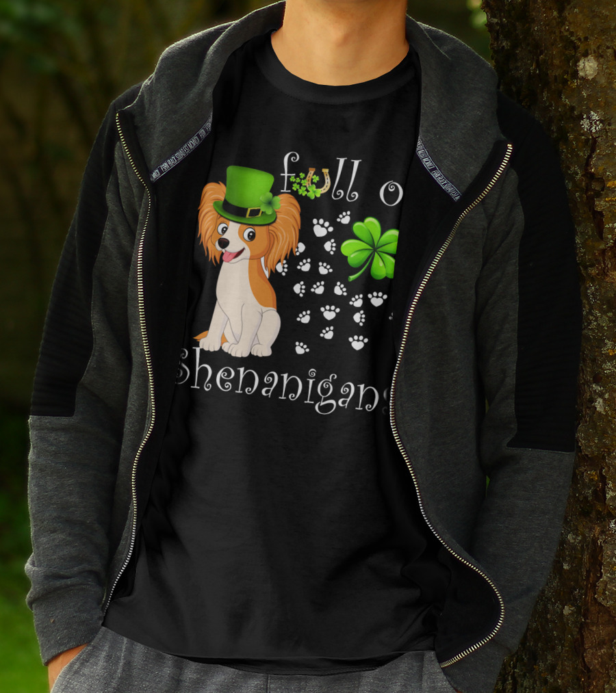 Full Of Shenanigans Papillon Dog Irish Clover Paws T-Shirt