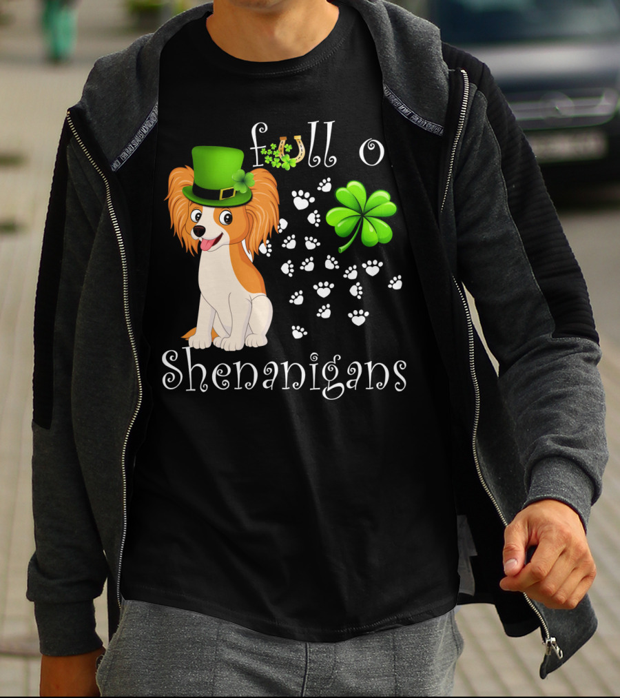 Full Of Shenanigans Papillon Dog Irish Clover Paws T-Shirt