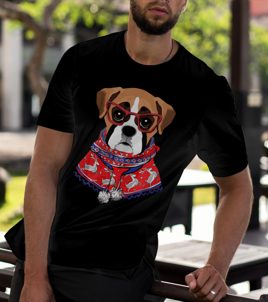 Funny Boxer Dog With Glasses In Christmas Scarf Holiday Look T-Shirt