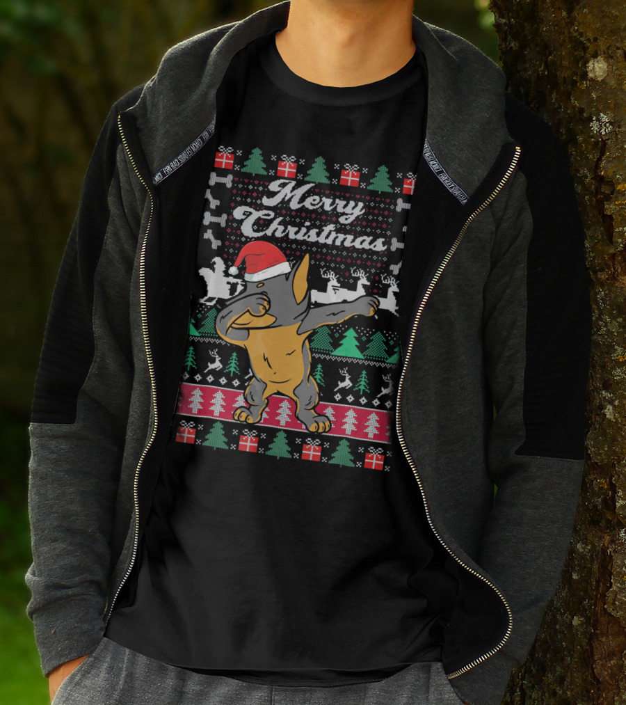 Merry Christmas Doberman Dabbing In Santa Hat With Holiday Symbols T-Shirt
