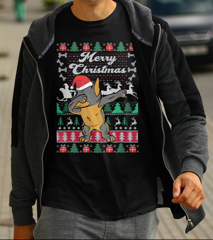 Merry Christmas Doberman Dabbing In Santa Hat With Holiday Symbols T-Shirt