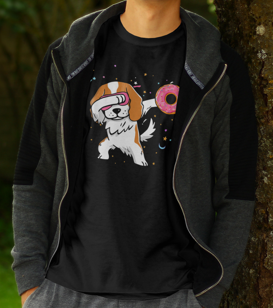Funny Dabbing Cavalier King Charles Spaniel With Pink Frosted Donut T-Shirt