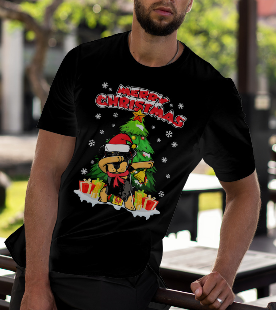 Merry Christmas Dabbing Rottweiler With Santa Hat And Gifts T-Shirt