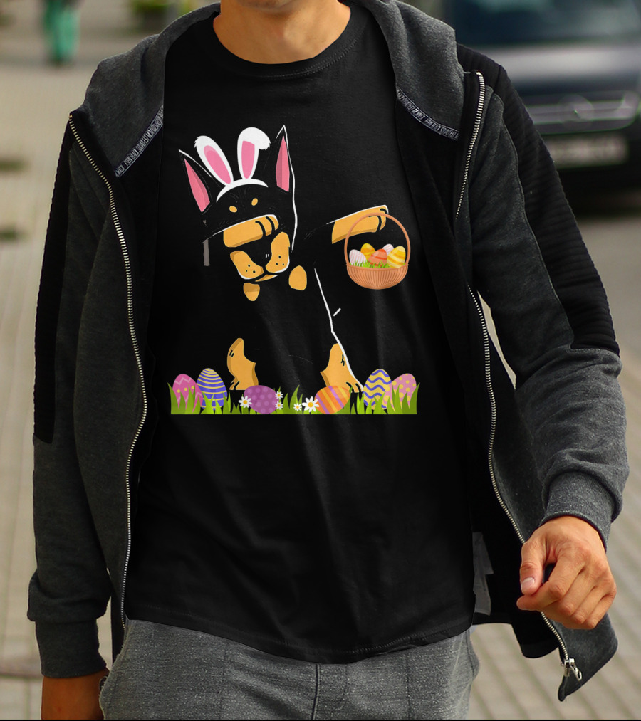 Doberman Dabbing With Bunny Ears And Easter Basket Of Eggs T-Shirt