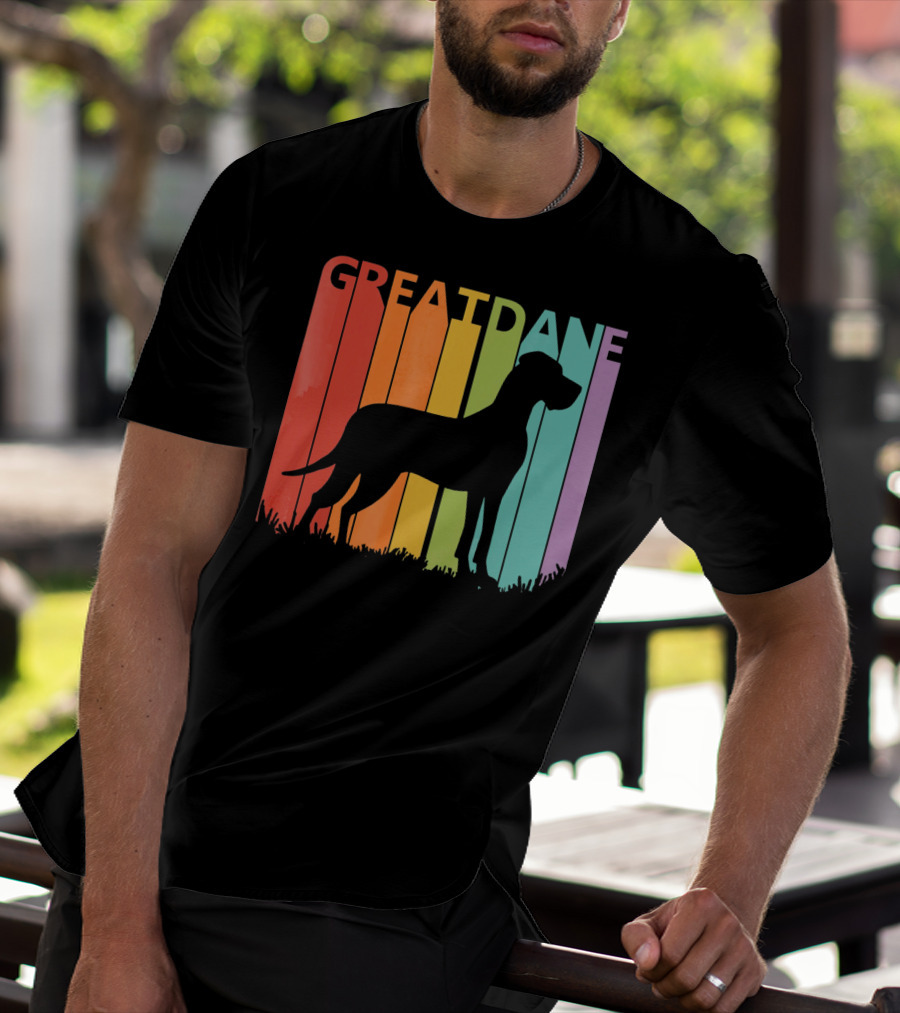 Great Dane Dog Silhouette Retro Rainbow Stripes T-Shirt