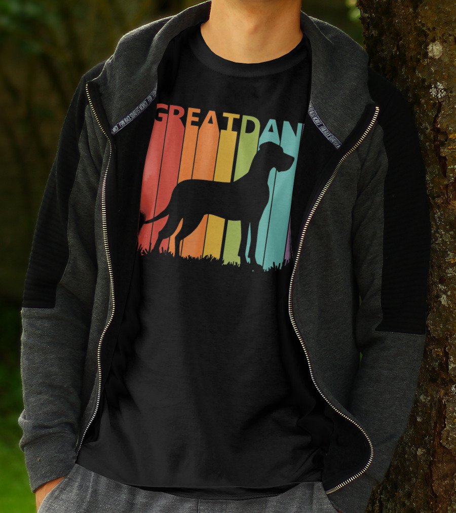 Great Dane Dog Silhouette Retro Rainbow Stripes T-Shirt