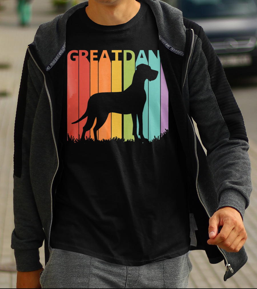 Great Dane Dog Silhouette Retro Rainbow Stripes T-Shirt