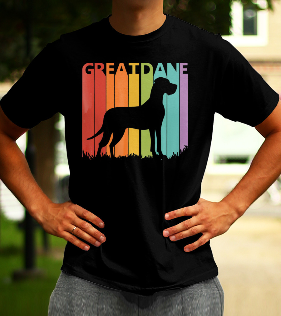 Great Dane Dog Silhouette Retro Rainbow Stripes T-Shirt