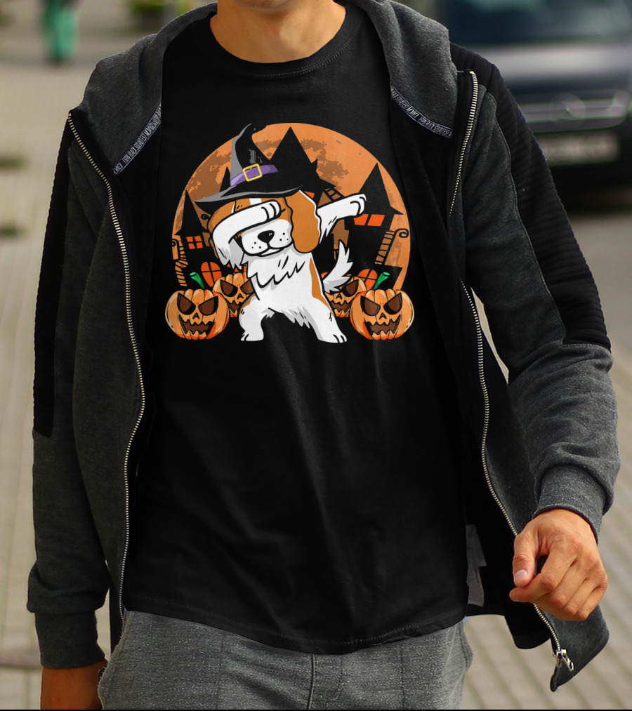 Funny Halloween Dabbing Cavalier Witch Hat Pumpkins Haunted House T-Shirt