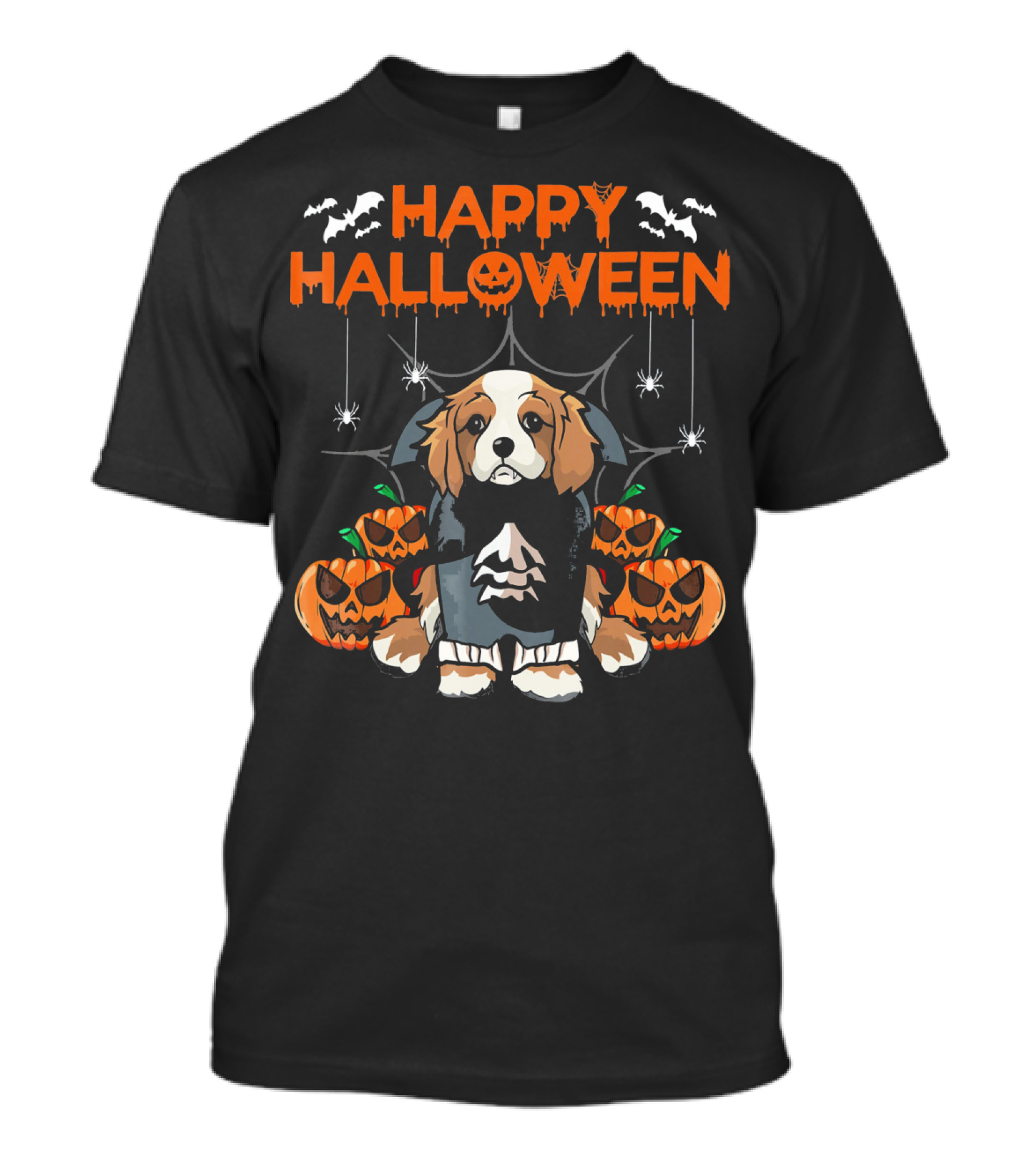 Happy Halloween Vampire Cavalier Dog Surrounded By Pumpkins And Bats T-Shirt