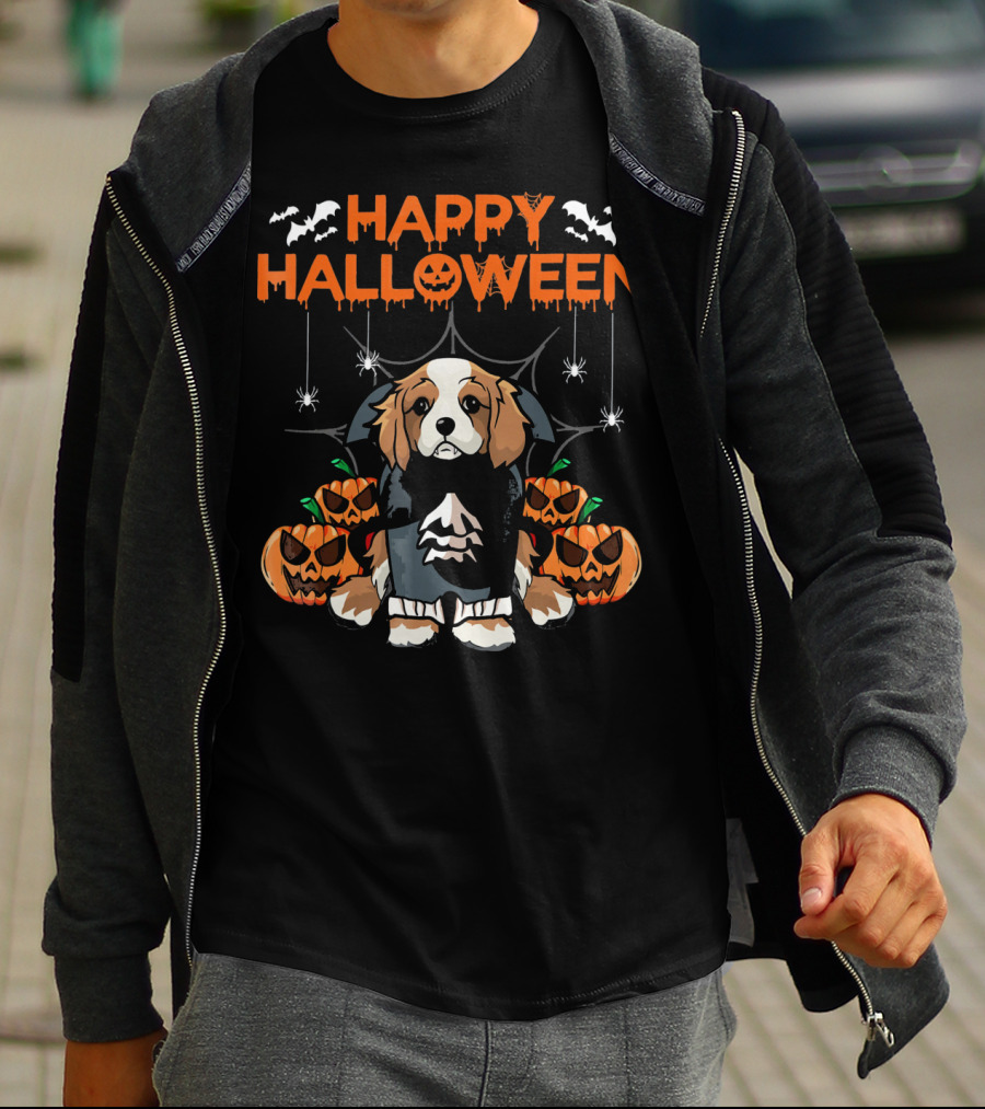 Happy Halloween Vampire Cavalier Dog Surrounded By Pumpkins And Bats T-Shirt