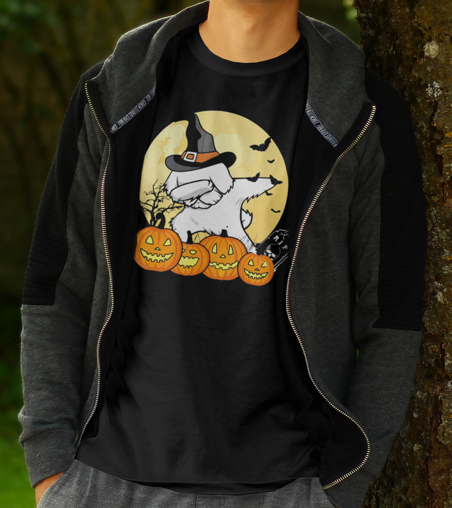 Funny Halloween Maltese Dog With Pumpkins And Witch Hat T-Shirt
