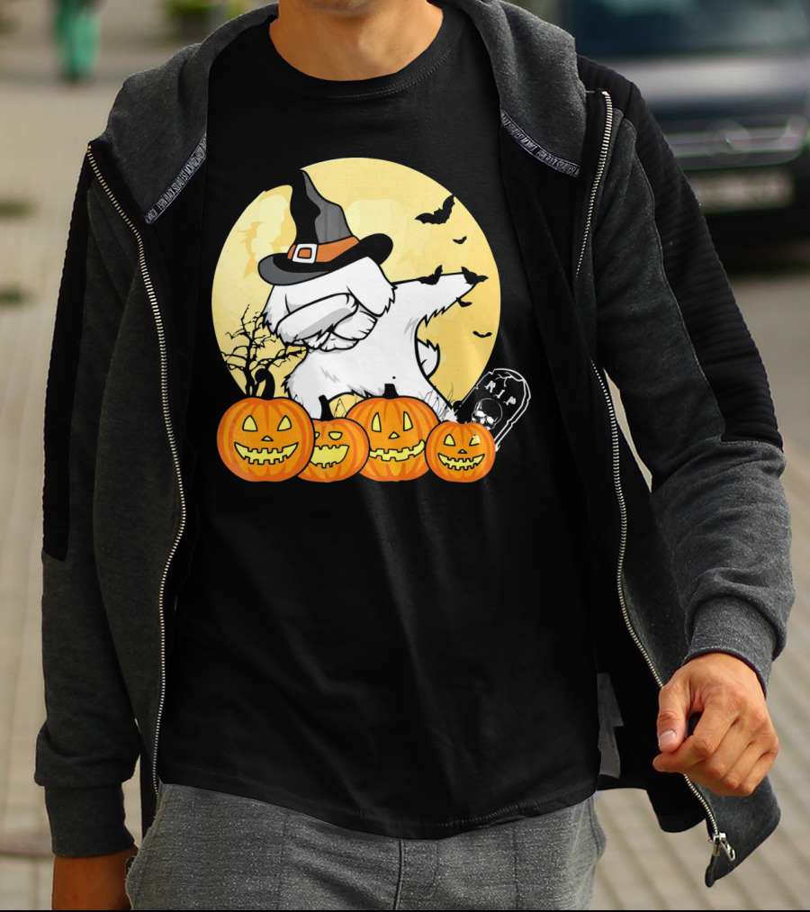 Funny Halloween Maltese Dog With Pumpkins And Witch Hat T-Shirt