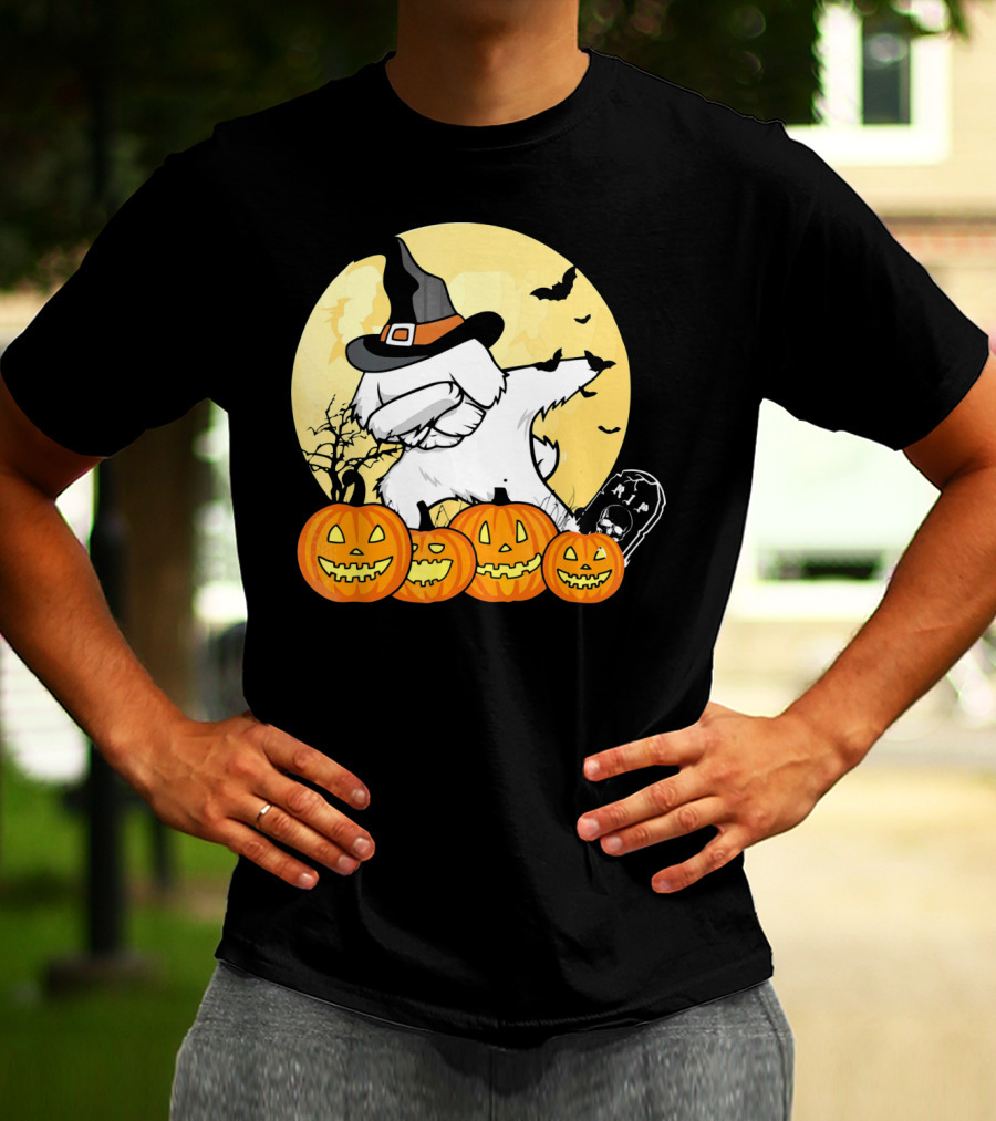 Funny Halloween Maltese Dog With Pumpkins And Witch Hat T-Shirt