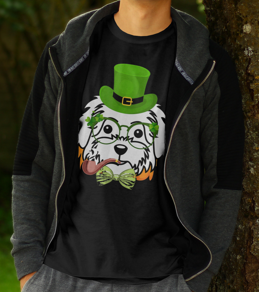 Maltese Dog In Leprechaun Hat With Pipe And Shamrocks For St Patrick's Day T-Shirt