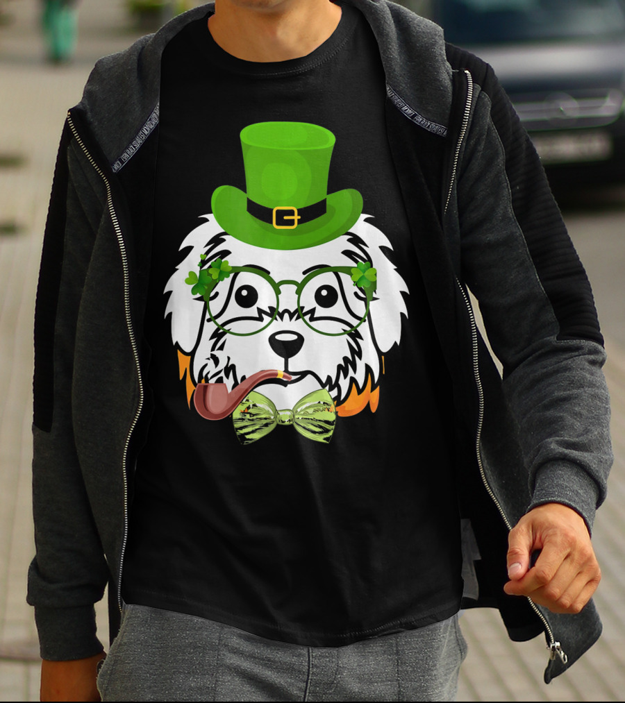 Maltese Dog In Leprechaun Hat With Pipe And Shamrocks For St Patrick's Day T-Shirt