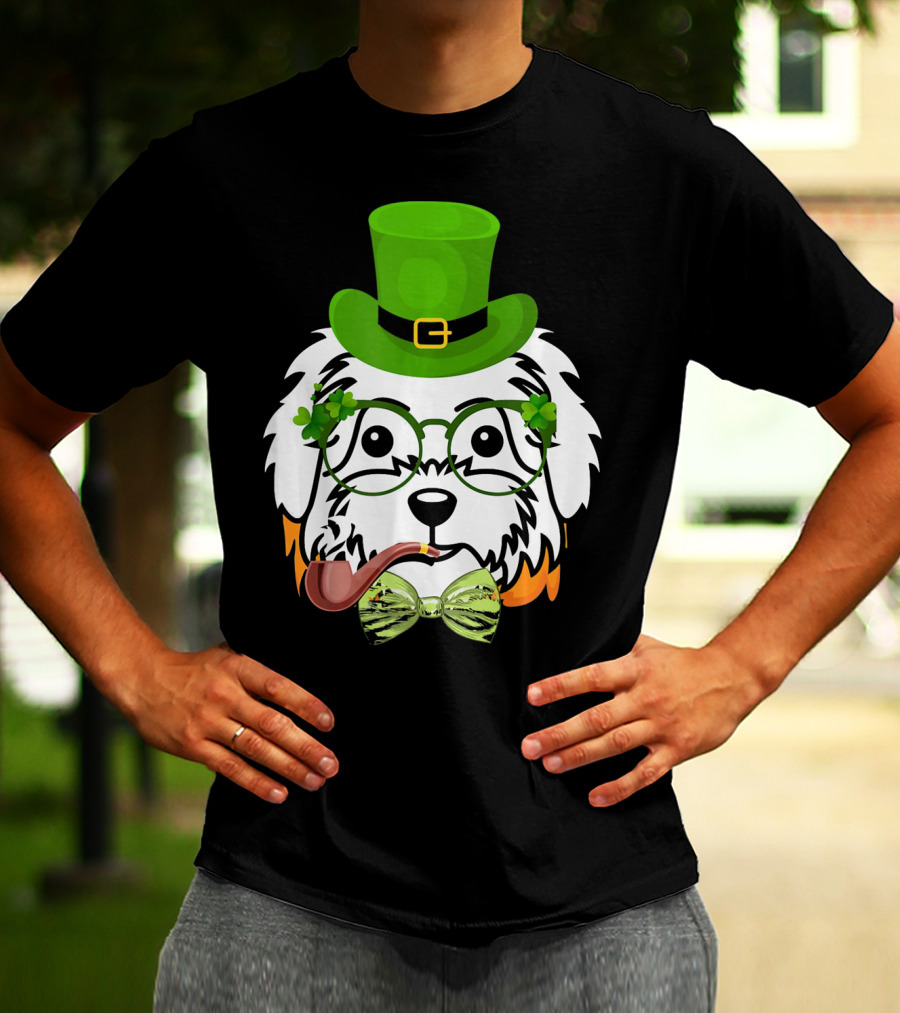 Maltese Dog In Leprechaun Hat With Pipe And Shamrocks For St Patrick's Day T-Shirt