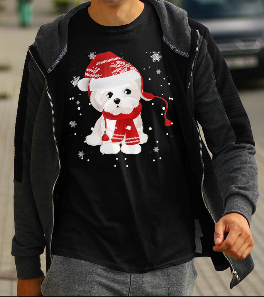 Funny Maltese Santa Hat Scarf Ugly Snowflakes T-Shirt