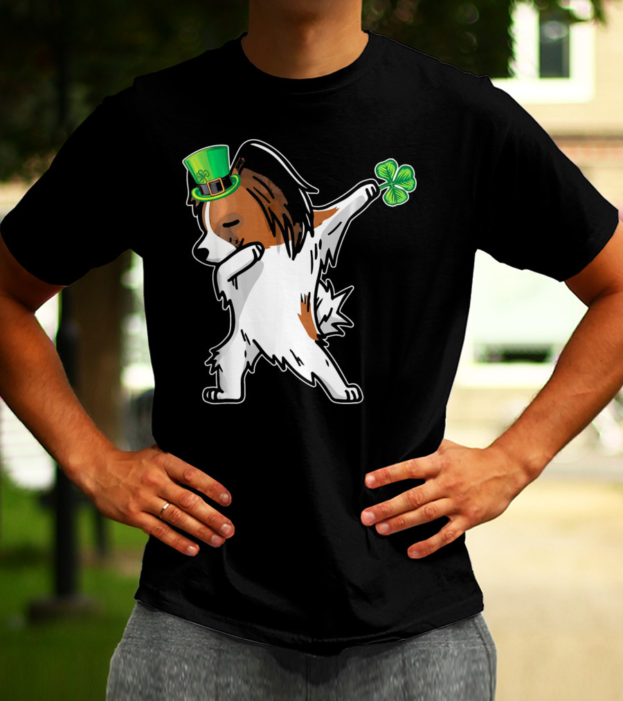 Papillon Dab Dabbing Dance With Shamrock And Leprechaun Hat T-Shirt