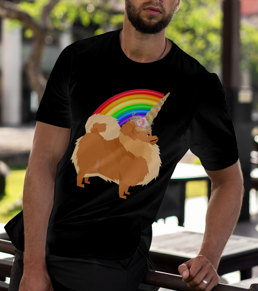 Pomeranian Rainbow Unicorn Dog With Floral Horn And Doodle Elements T-Shirt