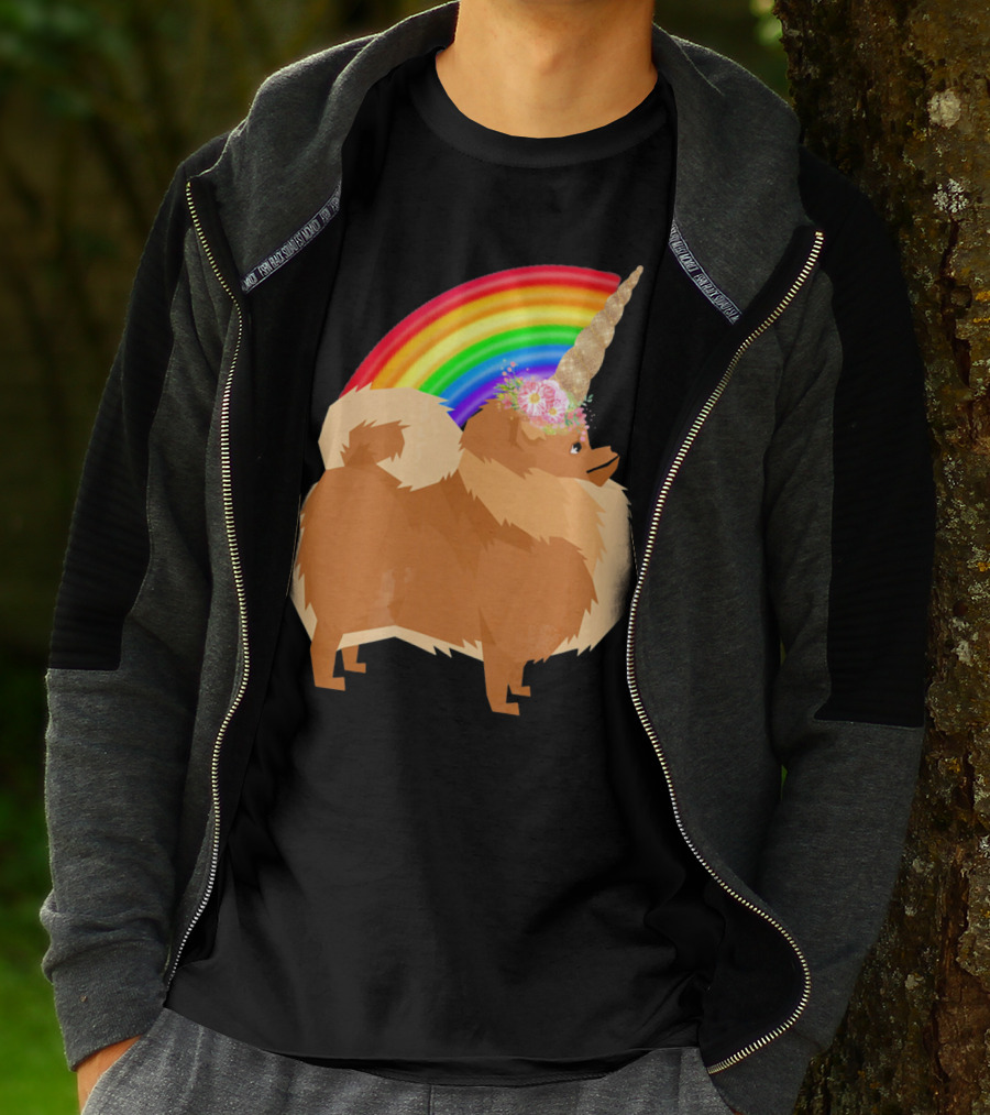Pomeranian Rainbow Unicorn Dog With Floral Horn And Doodle Elements T-Shirt