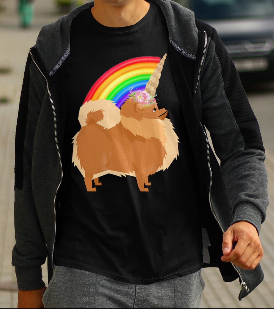 Pomeranian Rainbow Unicorn Dog With Floral Horn And Doodle Elements T-Shirt