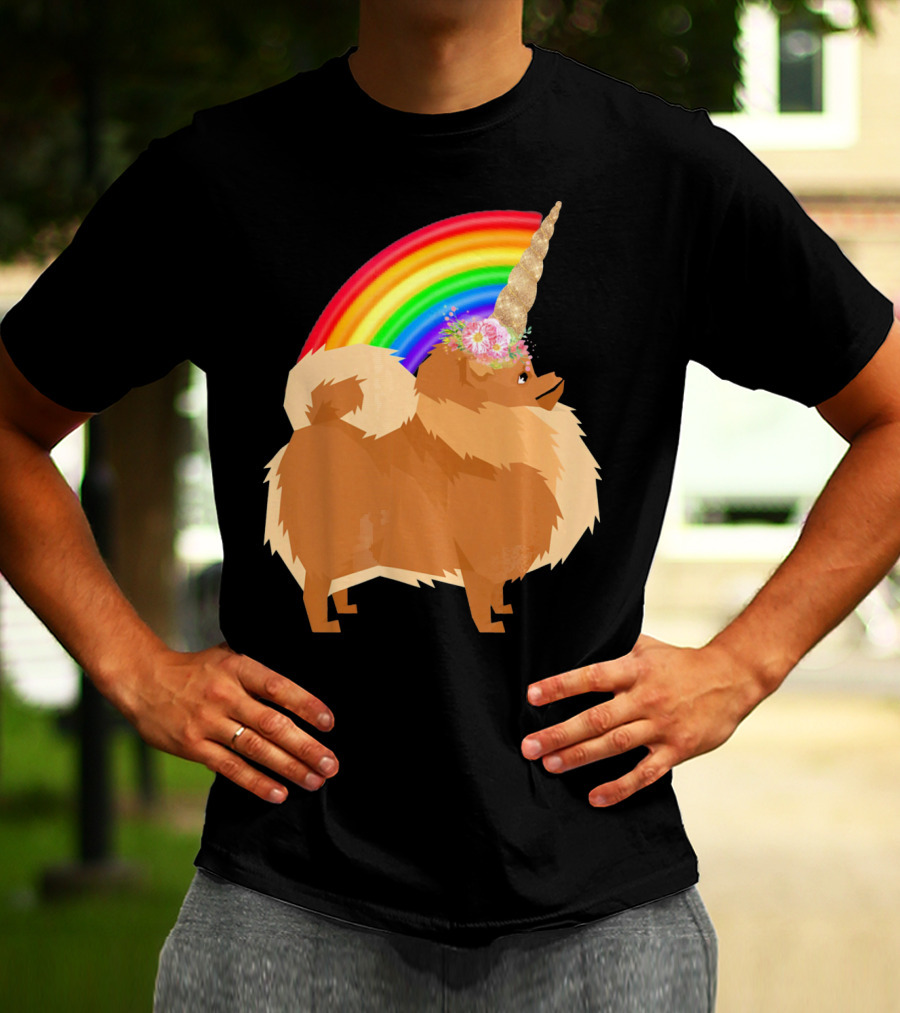 Pomeranian Rainbow Unicorn Dog With Floral Horn And Doodle Elements T-Shirt