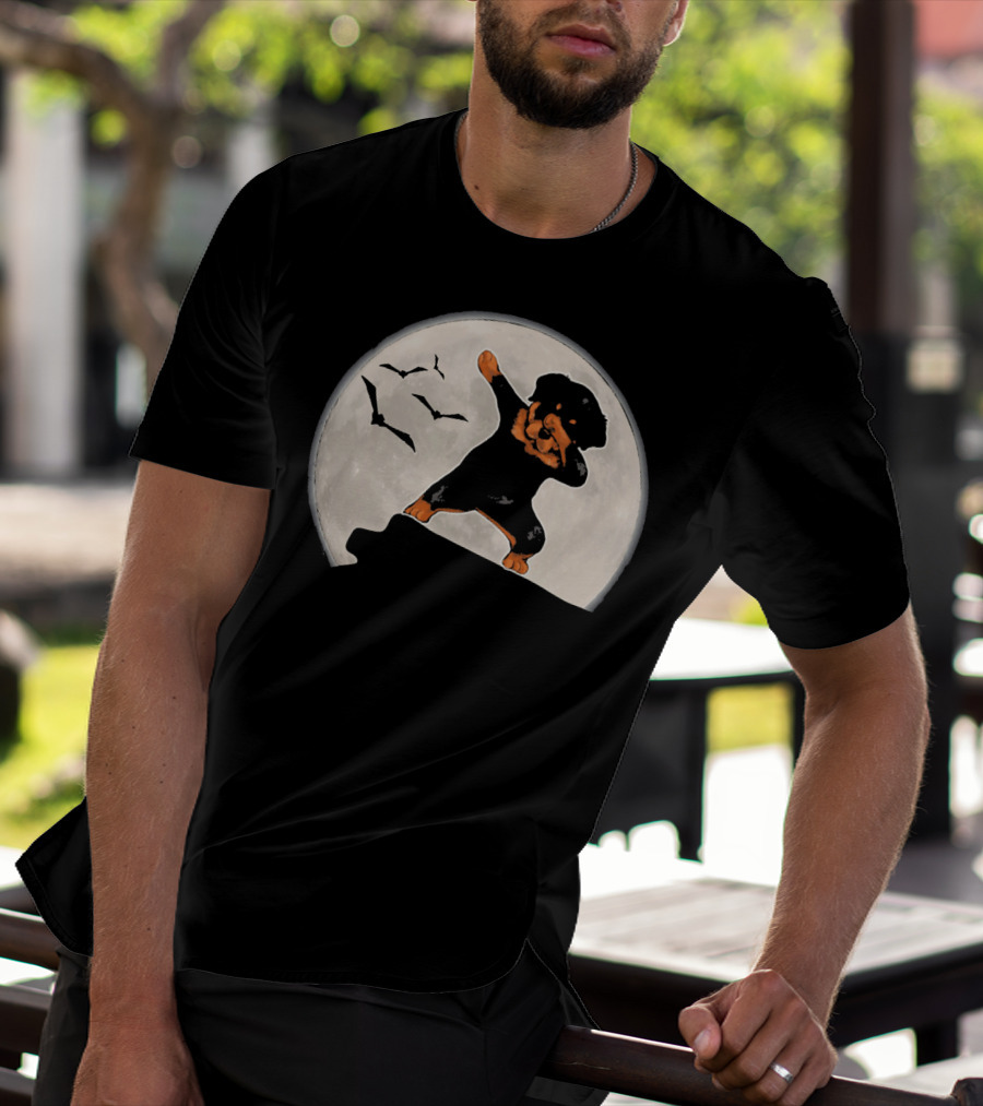 Funny Rottweiler Dabbing Dog Halloween Costume With Moon And Bats T-Shirt