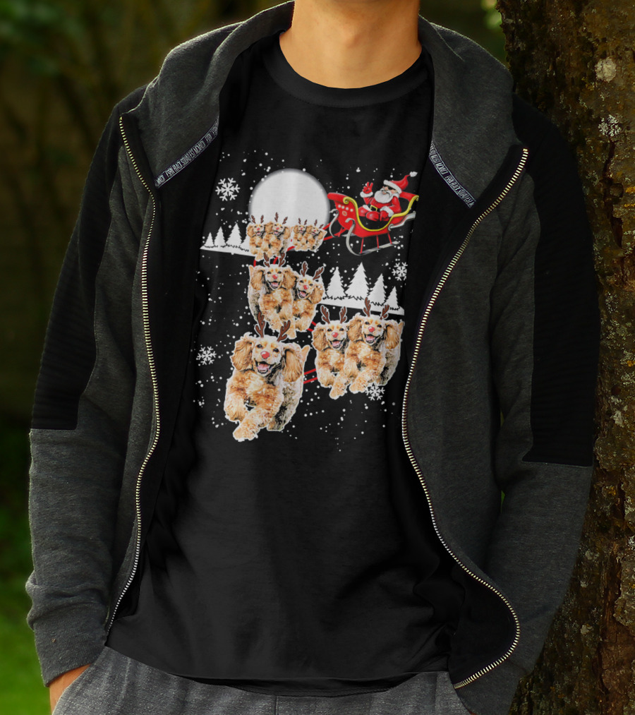 Santa Cocker Spaniel Reindeer Moon Sled Snowflakes T-Shirt