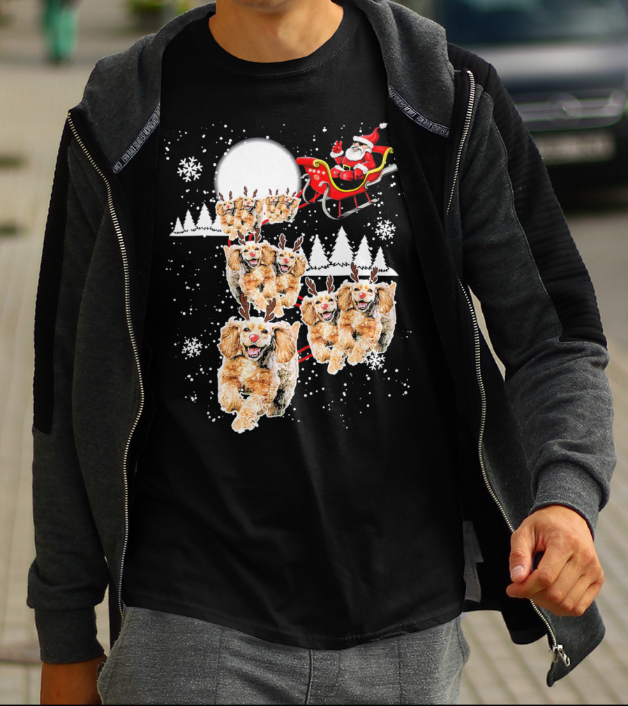 Santa Cocker Spaniel Reindeer Moon Sled Snowflakes T-Shirt