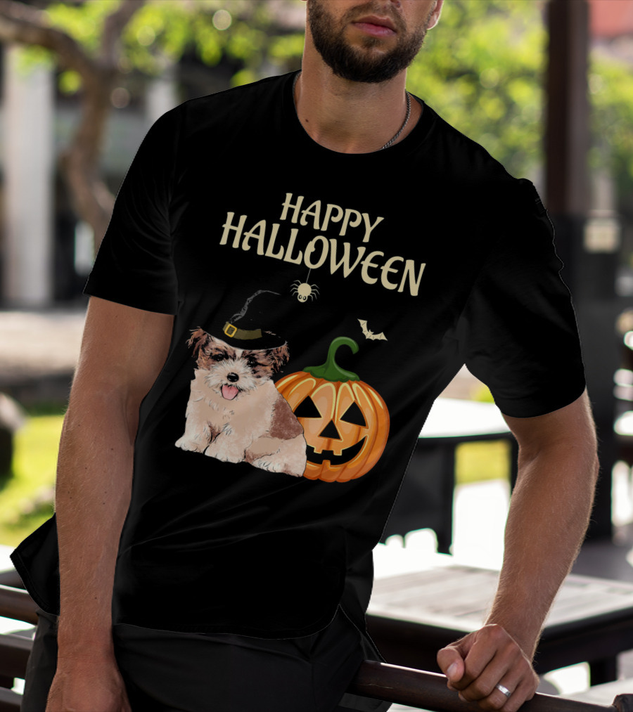 Happy Halloween Shih Tzu With Pumpkin And Witch Hat T-Shirt